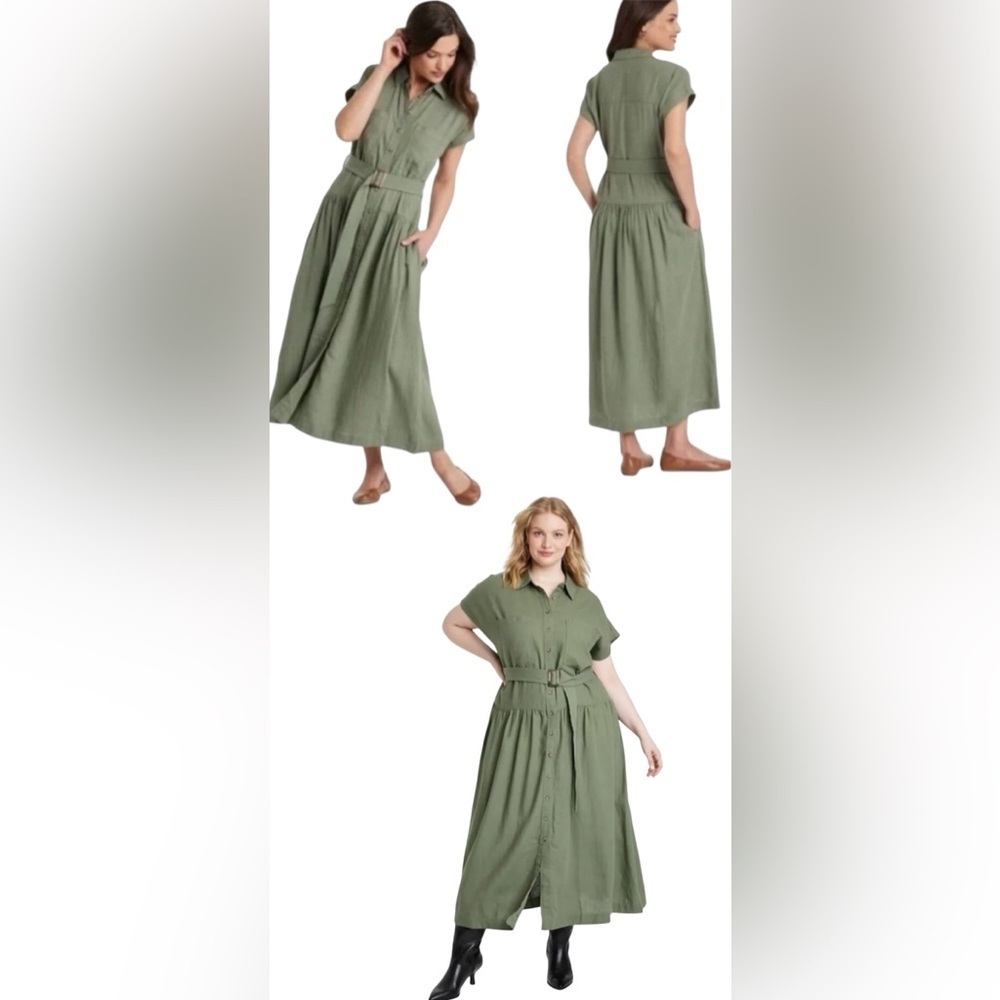 Universal Thread Green Button-Front MidiShirt Dress w/Belt Women’s Size XL Linen - Picture 1 of 6